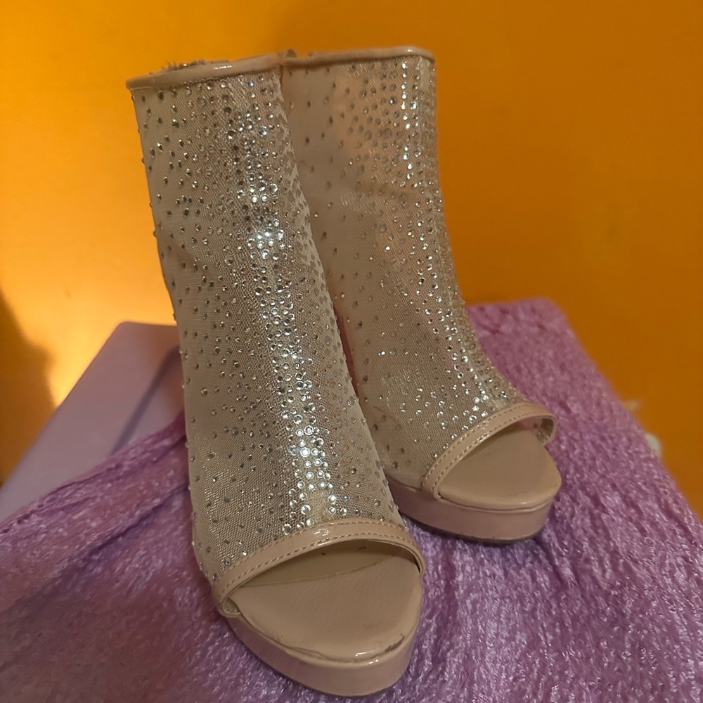 Thalia see-through, nude, stiletto, rhinestones, ankle high